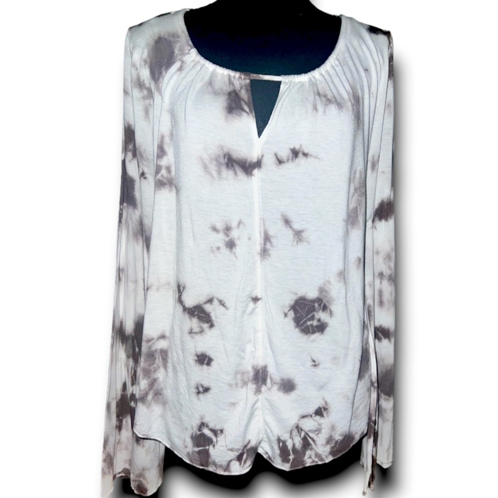 Knox Rose Bell Sleeve Keyhole Neckline Gray Black White Tie Dye Peasant Blouse M